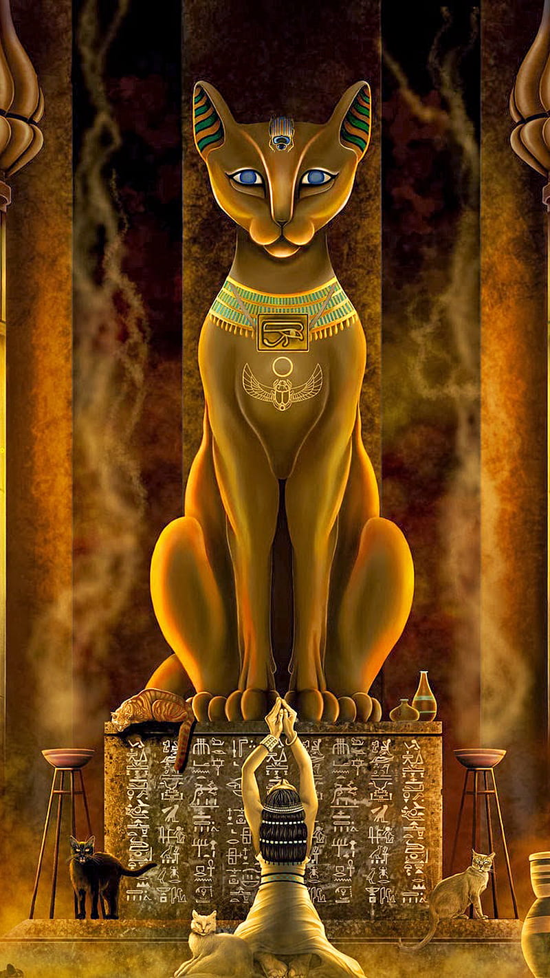 ancient egypt, cat, egypt, pharaoh, prayer, statue, temple, HD phone wallpaper