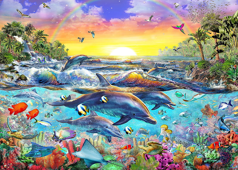 Underwater world, underwater, colorful, art, luminos, coral, sea, dolphin, fantasy, water, adrian chesterman, summer, blue, HD wallpaper