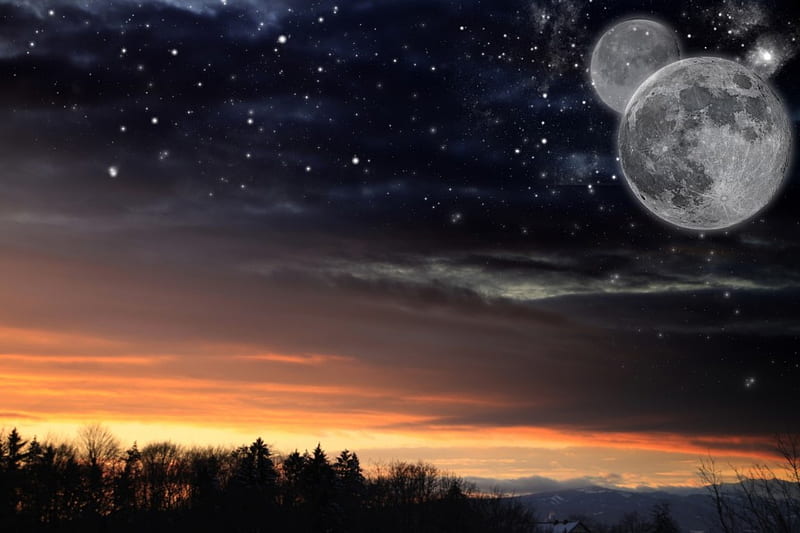 NEW MOON, stars, moon, dusk, sunset, sky, HD wallpaper