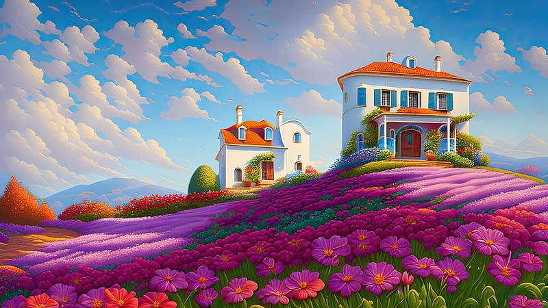 Blooming Homestead, digital, hills, art, fields, clouds, flowers, sky, houses, HD wallpaper