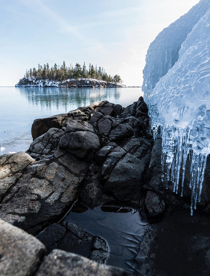 sea, stones, ice, snow, snowy, HD phone wallpaper