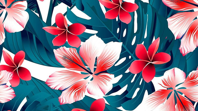 Texture, pattern, red, exotic, hibiscus, plumeria, flower, paper, white, blue, HD wallpaper