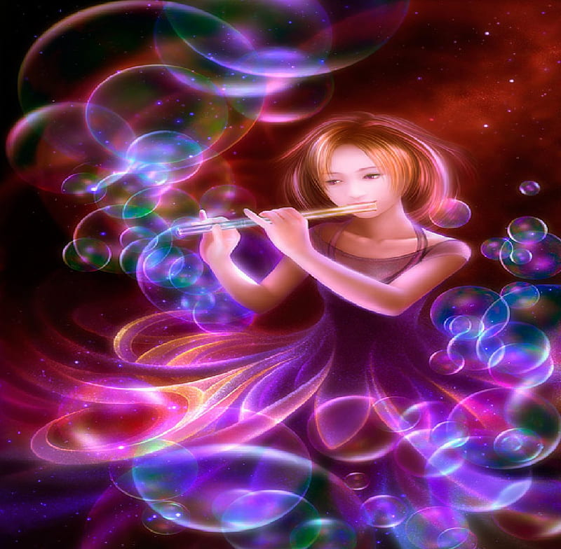 Magical Flute, flute, bubbles, magic, woman, HD wallpaper