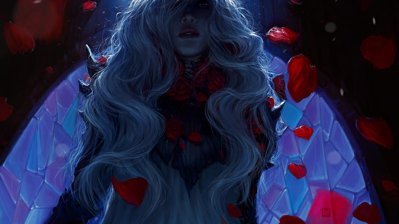 Univashko, art, red, luminos, rose, exellero, fantasy, girl, dark, petals, blue, HD wallpaper