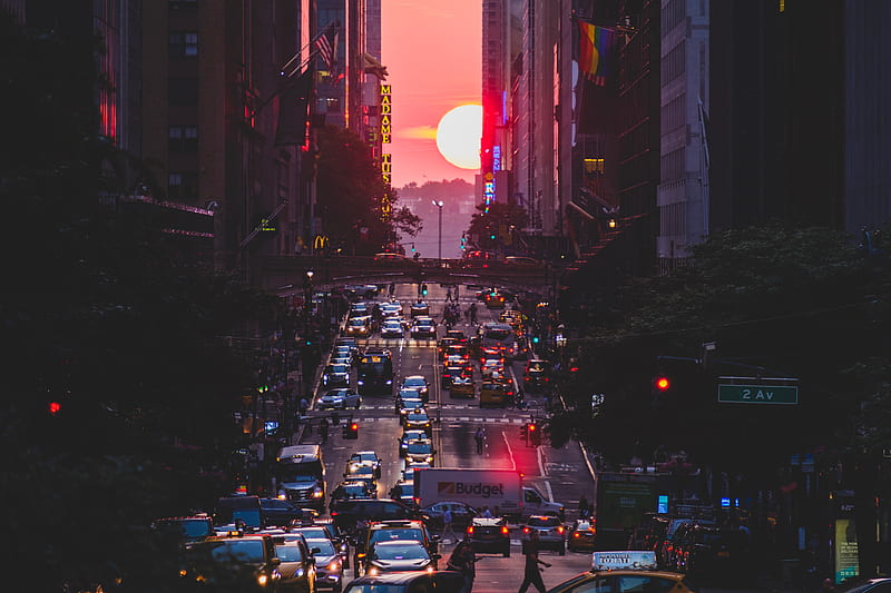 city, street, sunset, twilight, dark, HD wallpaper