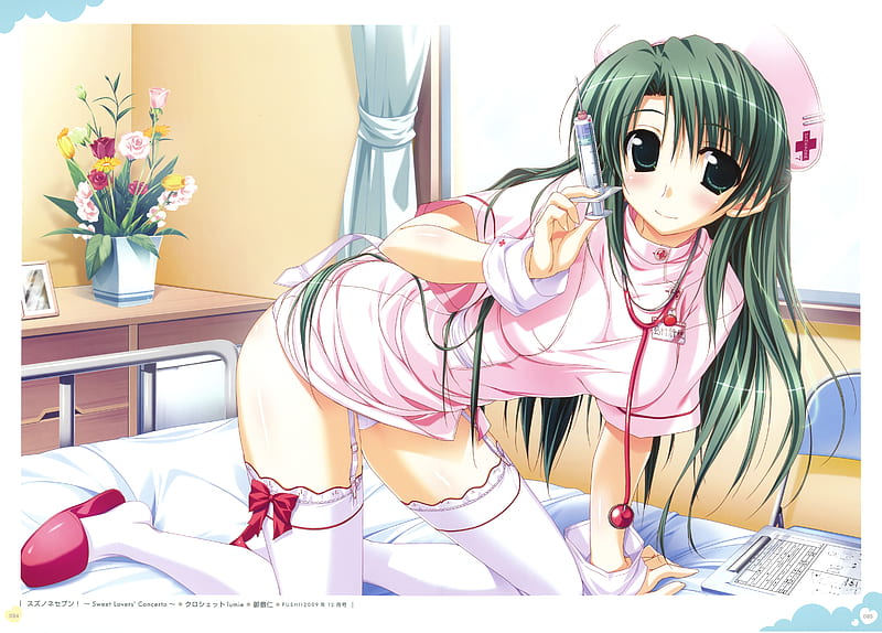 A cute nurse, cute, nurse, green eyes, flowers, green hair, bed, HD wallpaper