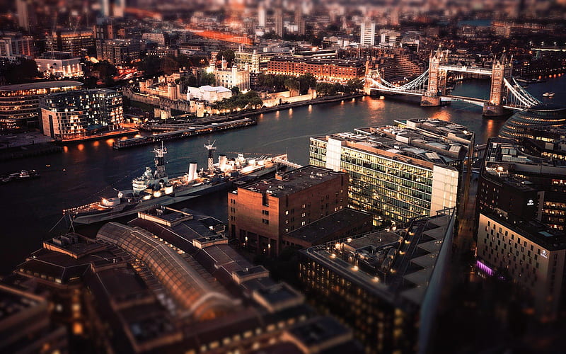 London, river Thames, Tower Bridge, evening, night cityscape, city lights, HMS Belfast, British light cruiser, HD wallpaper
