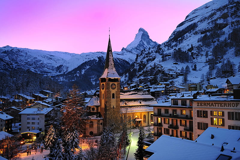 Zermatt, Switzerland, hotel, houses, town, sunset, church, lights, winter, snow, mountains, evening, HD wallpaper