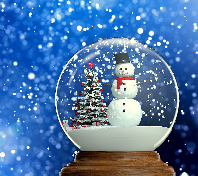 Xmas, christmas, globe, snow, snowman, tree, winter, HD wallpaper