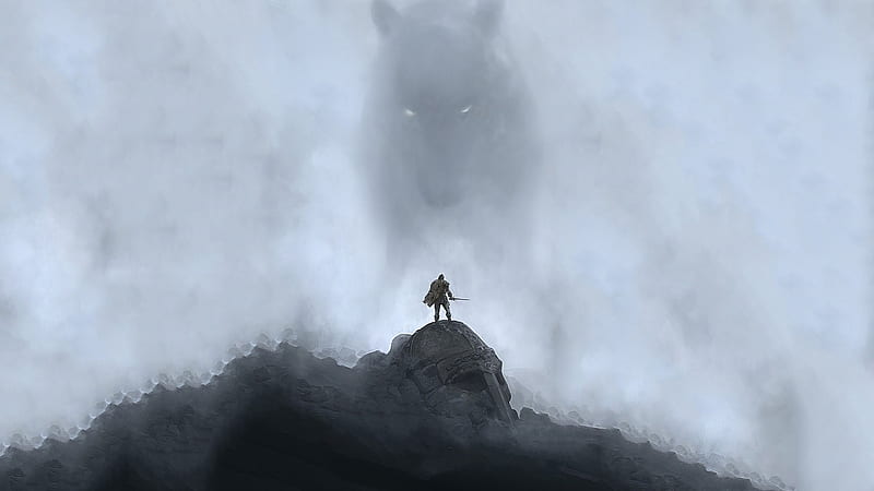 giant wolf, mist, warrior, artwork, Fantasy, HD wallpaper