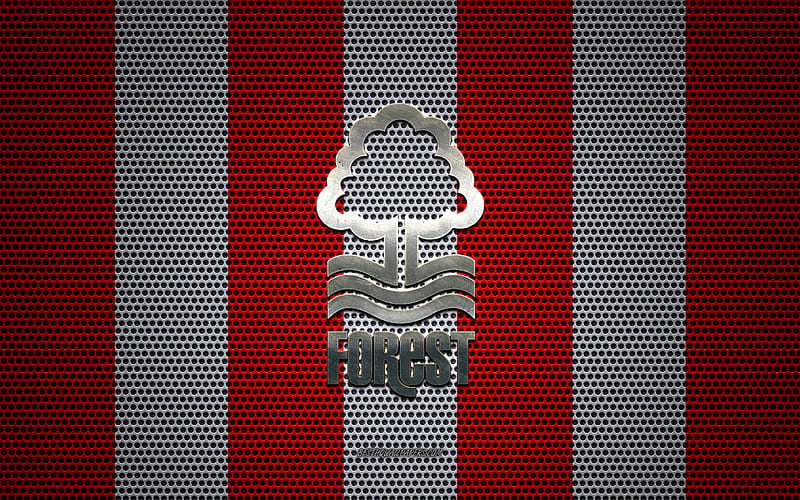 Nottingham Forest FC logo, English football club, metal emblem, red and white metal mesh background, Nottingham Forest FC, EFL Championship, West Bridgford, Nottinghamshire, England, football, HD wallpaper