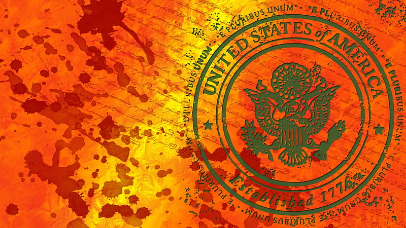 Colorful Stamped USA, orange, crest, yellow, 2560X1440, texture, color, text, brushes, 1776, eagle, layers, paint splatter, grunge, logo, usa, hop, stamp, HD wallpaper