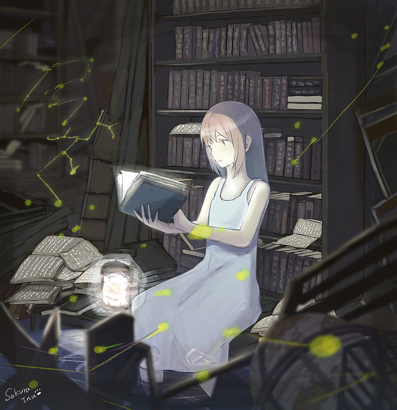 girl, book, library, reading, anime, HD phone wallpaper