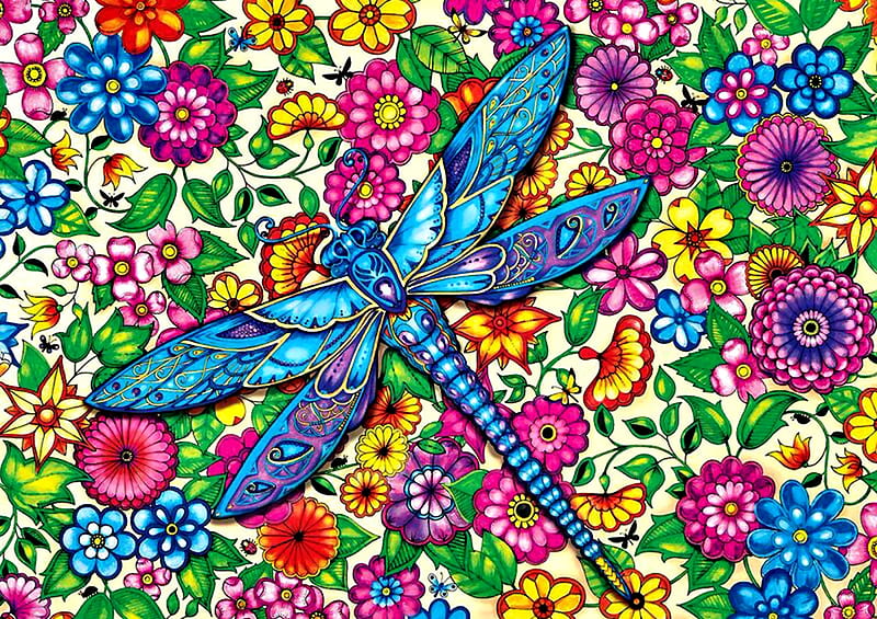 Whimsical Dragonfly F1Cmp, pattern, art, bonito, illustration, artwork, whimsical, texture, painting, wide screen, dragonfly, flowers, HD wallpaper