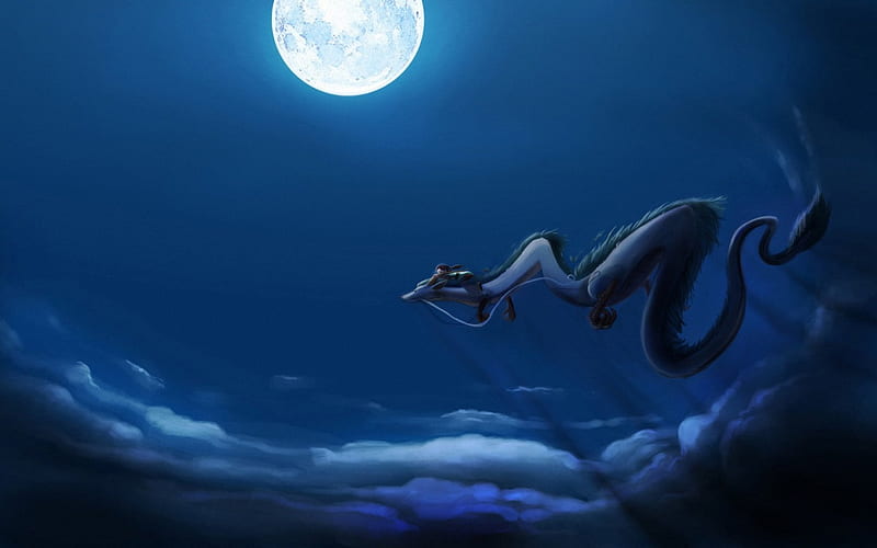 spirited away, moon, anime, dragon, sky, blue, HD wallpaper