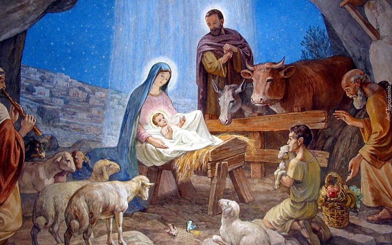 Nativity, Jesus, Mary, Joseph, shepherds, animals, HD wallpaper