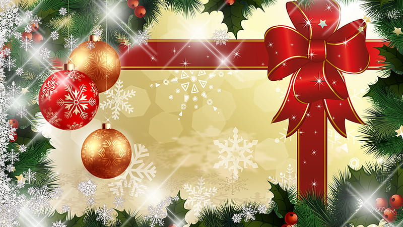 Bright for the Holidays, feliz navidad, glow, christmas, ribbon, firefox persona, holly, xmas, sparkles, gold, balls, snow, berries, decorations, greens, HD wallpaper