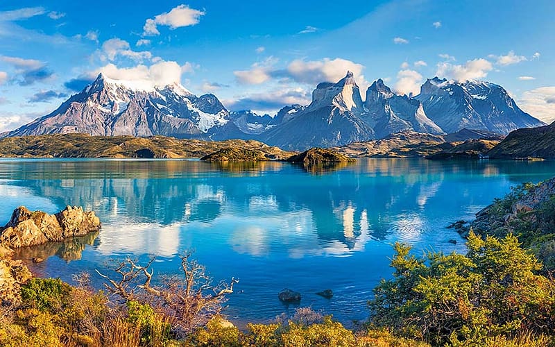 Torres del Paine, Patagonia, Chile, reflections, lake, peaks, landscape, water, rocks, HD wallpaper