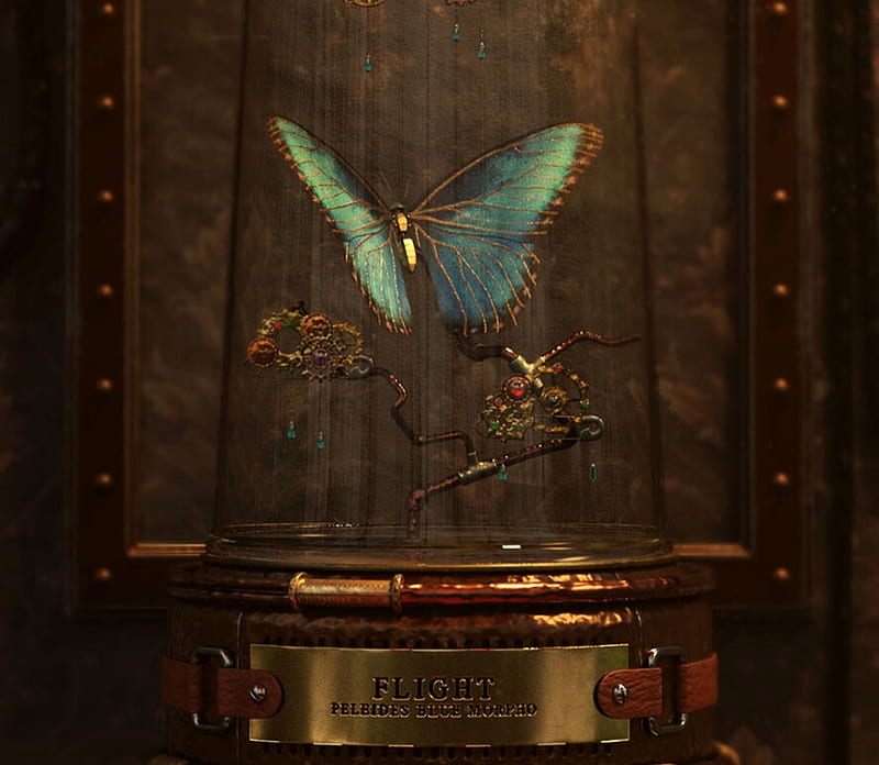 Butterfly, denise low, brown, blue, fantasy, HD wallpaper