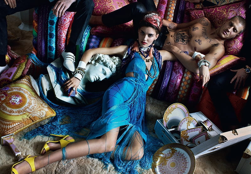 Versace, model female, dress, model male, couture, color, fashion, blue, HD wallpaper