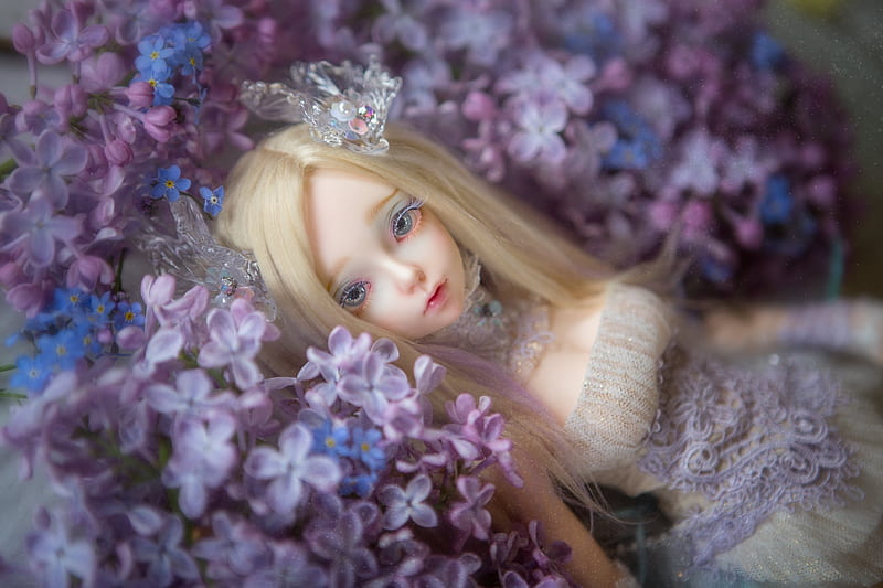 Lilac dream, blue, lilac, girl, toy, flower, dream, doll, HD wallpaper