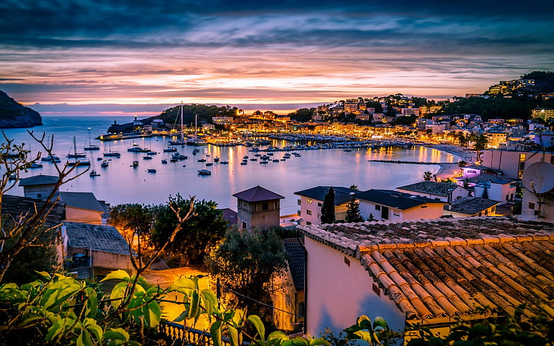 Port De Soller, Mallorca, Mediterranean Sea, yachts, sunset, evening, Spain, HD wallpaper