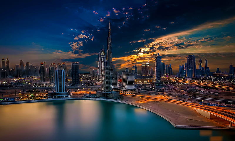 Sunset At City Downtown, city lights, buildings, Dubai, bonito, sunset, twilight, sky, clouds, skyscrapers, bay, HD wallpaper