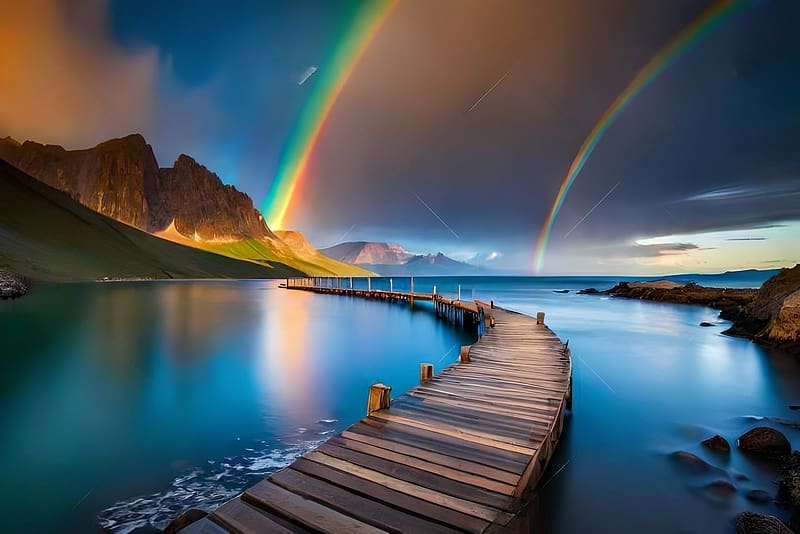 Lofoten Island, Norway, Lake, Winter, Rainbow, Bridge, HD wallpaper