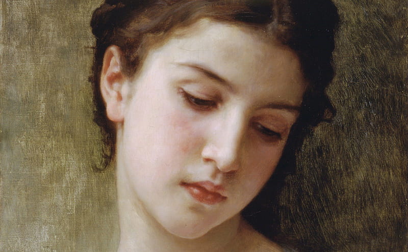 Head Of A Young Girl by Bouguereau, sensual, pretty, dreamy, wonderful, paris, painted, bonito, woman, elegant, bouguereau nice, colored, painting, color, beauty, face, light, amazing, female, lovely, romantic, realism, beautiful eyes, cool, girl, france, painter, awesome, great, HD wallpaper