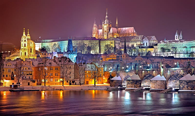 Prague Castle, Castle, Prague, River, Architecture, Wonderful, Colors, Lights, Night, HD wallpaper