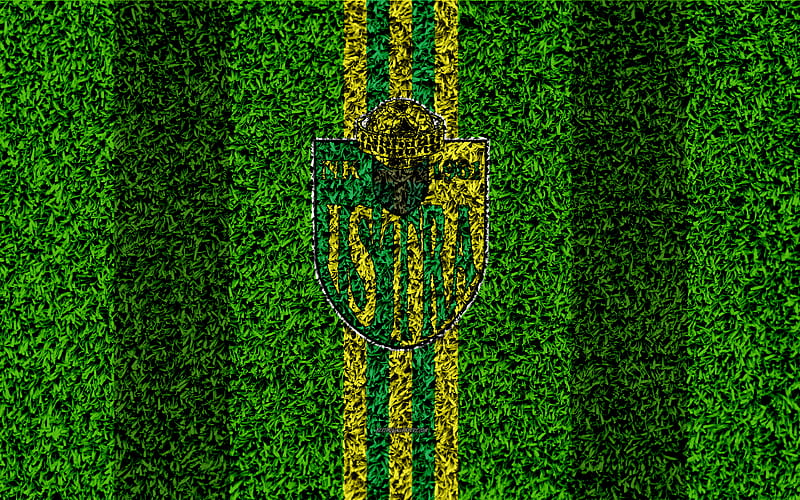 NK Istra 1961 football lawn, logo, Croatian football club, yellow green lines, grass texture, HNL, Pula, Croatia, football, Croatian First Football League, HD wallpaper