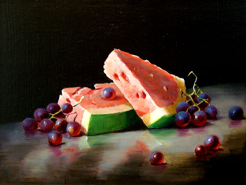 Summer Delights, grapes, still life, tabletop, painting, watermelon slices, HD wallpaper