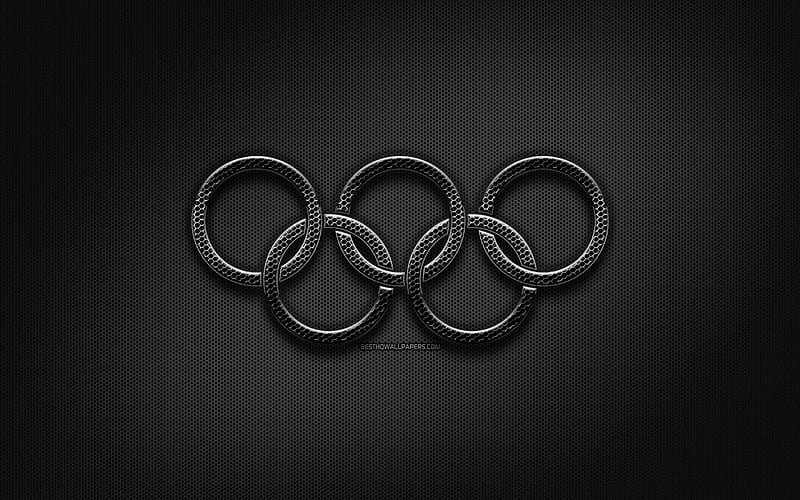Olympic rings, black metal rings, artwork, creative, grid metal background, olympic symbols, Metal Olympic Rings, HD wallpaper