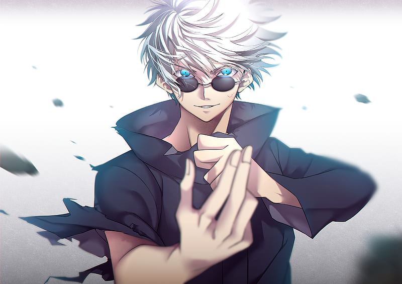 A white haired young anime boy, blindfolded, grey ci