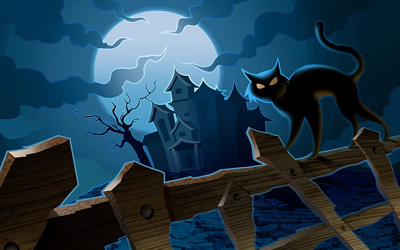Scary Old House, house, halloween, scary, cat, horror, night, HD wallpaper