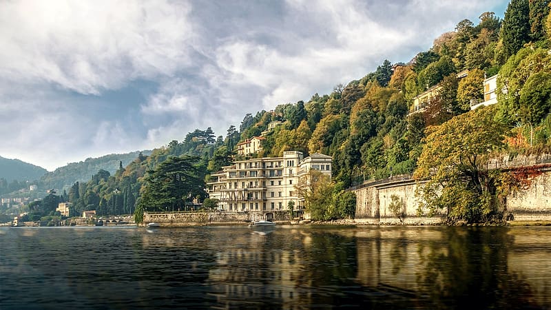 Lake Como, Italy, village, trees, water, landscape, mountains, houses, forest, sky, clouds, HD wallpaper