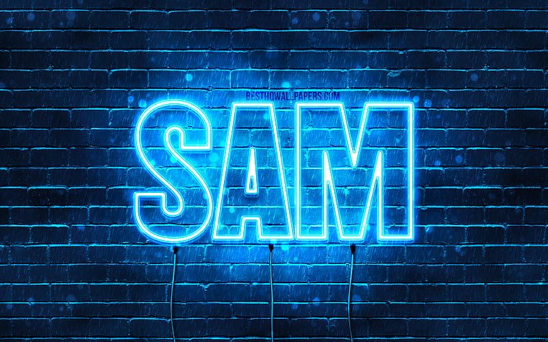 Sam with names, horizontal text, Sam name, blue neon lights, with Sam name, HD wallpaper