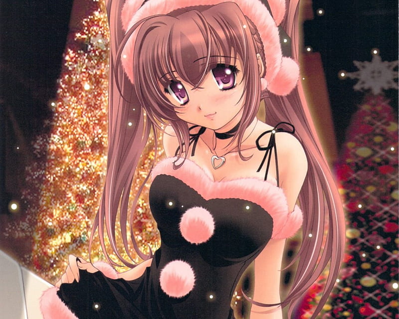 Sexy Christmas, pretty, christmas tree, sweet, nice, anime, hot, anime girl, long hair, female, lovely, holiday, christmas, brown hair, sexy, brown eyes, cute, girl, merry christmas, lady, maiden, HD wallpaper