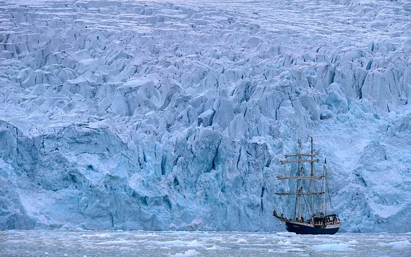 Tallship and Ice, ice, nature, tallship, glacier, HD wallpaper