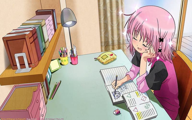 DayDreaming, daydream, writting, girl, pencil, anime, eraser, pink hair, other, HD wallpaper