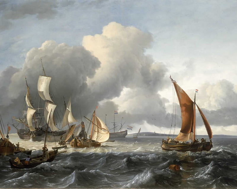 Ludolf Backhuysen - The Merchant Shipping Anchorage in the Texel with Texel Island and Oude Schild to the North-West, seascape, 17th century, dutch, sailing ships, HD wallpaper