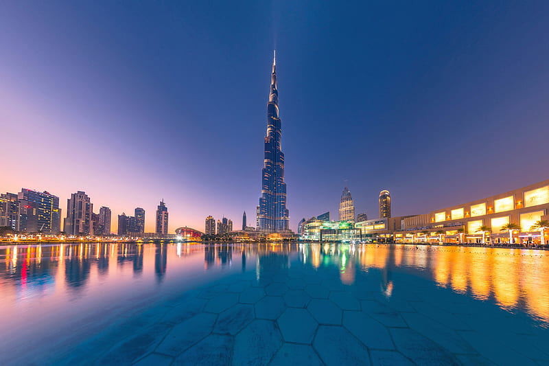 Burj Khalifa, building, dubai, night city, skyscraper, uae, water, HD wallpaper