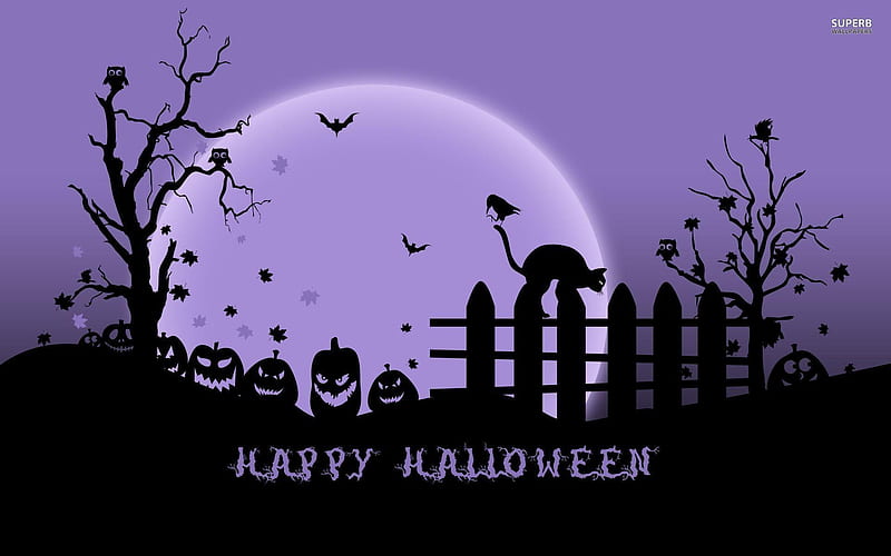 :), fence, moon, halloween, black, silhouette, cat, card, moon, purple, bat, blue, night, vector, HD wallpaper