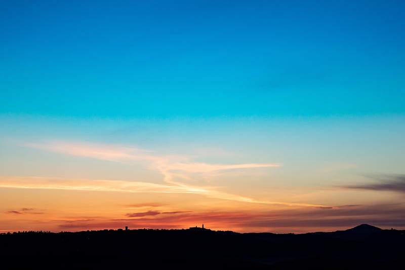 sky, sunset, dusk, silhouette, hills, HD wallpaper