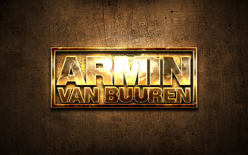 Armin van Buuren golden logo, music stars, brown metal background, creative, Armin van Buuren logo, brands, Armin van Buuren, HD wallpaper
