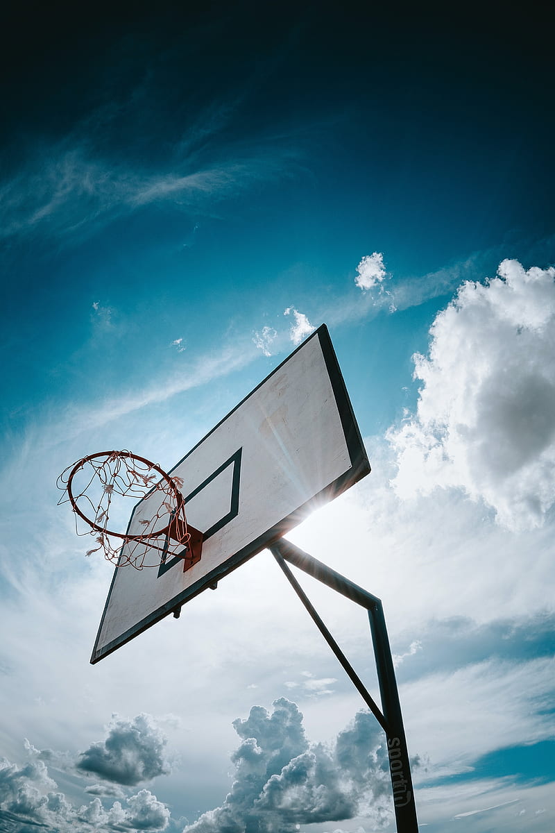 basketball hoop, basketball, sport, clouds, sun, HD phone wallpaper