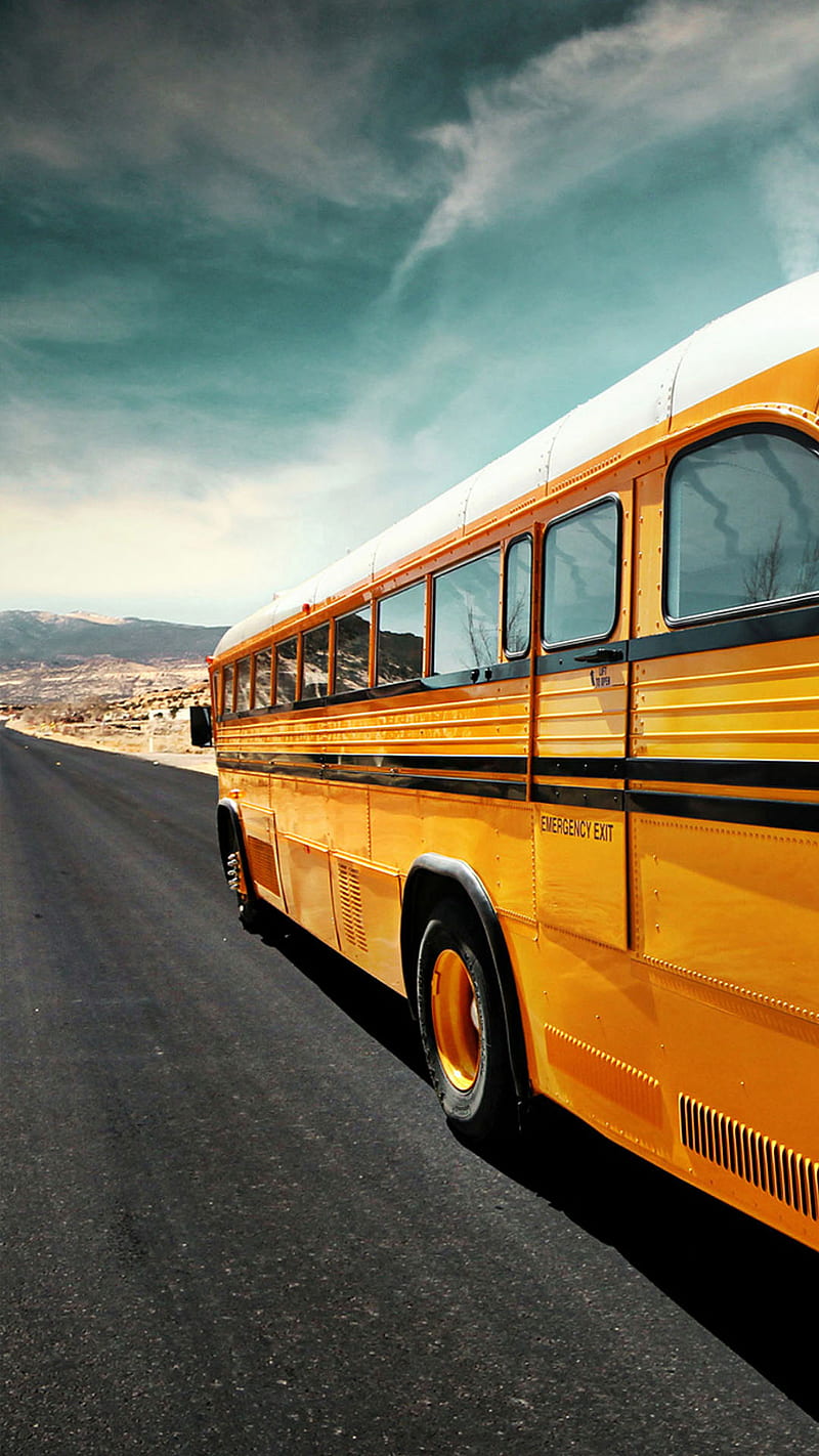 school bus, bus, clouds, old, road, school, yellow, HD phone wallpaper