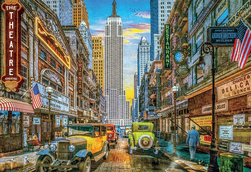 Old New York, cars, artwork, painting, city, street, skyscraper, vintage, HD wallpaper