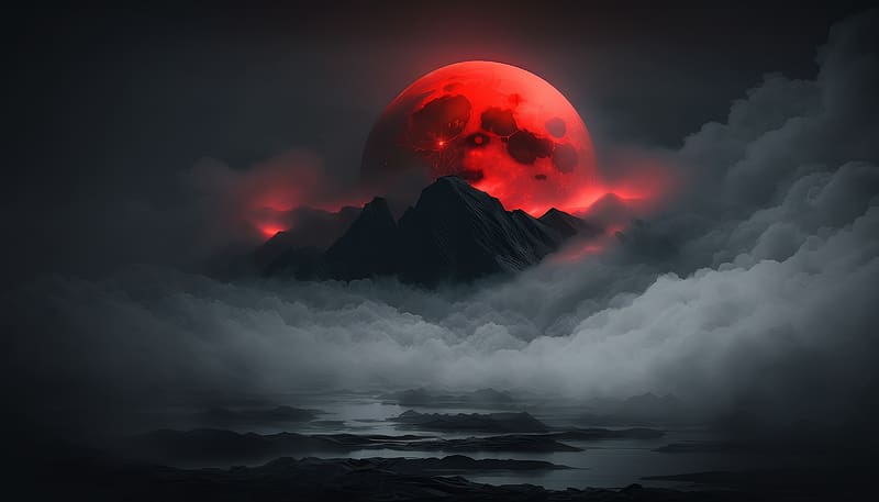 Red moon and dark mountains, art, HD wallpaper
