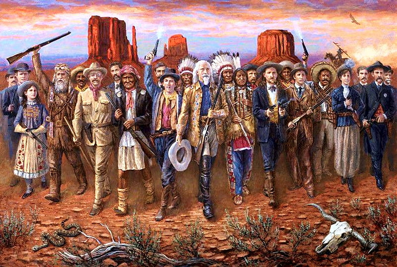 The Wild Wild West, guns, people, painting, natives, canyons, artwork, HD wallpaper